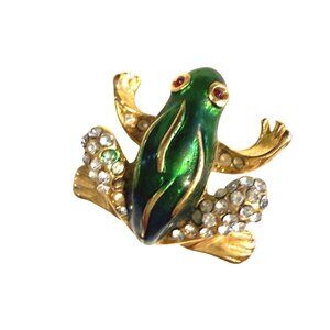 Vintage Gold Tone Green Enamel Frog Small Brooch or Pin Crystal Accents Red Eyes